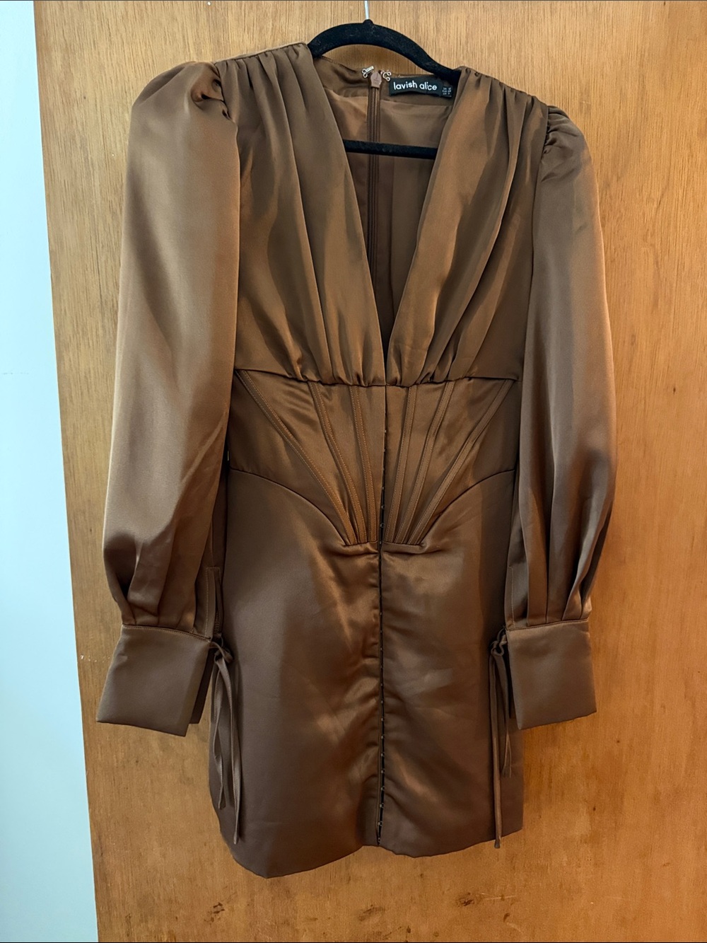 Lavish Alice Brown Satin Mini Dress with V-Neck and Puff Sleeves